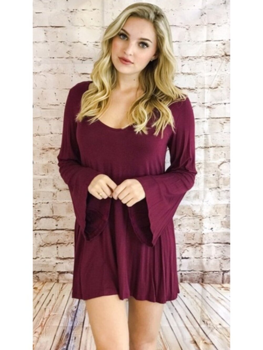 NWOT Dark Cherry Long Bell Sleeve Jersey Mini Dress Tunic| Mob Wife Coquette S/M